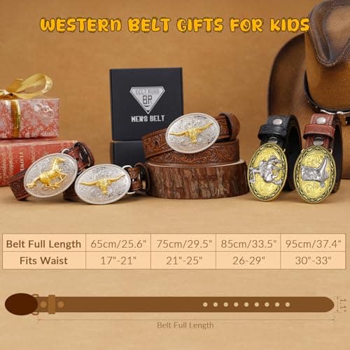 Kids Western Belt for Boys Girls Embossed Cowboy Cowgirl Genuine Leather Kid Western Buckle Belts for Jeans Gifts - Thumbnail 5