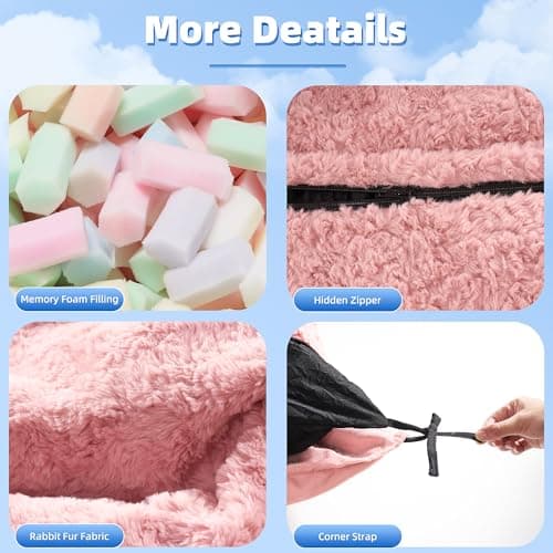 HABUTWAY 4 in 1 Bean Bag Chair, Giant Memory Foam Filling Bean Bag Sofa, Adult Bean Bag Chair, Machine Washable Faux Fur Cover, Bean Bag for Adult (Pink) - Thumbnail 4