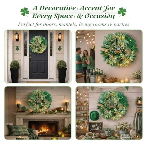 Presentastic 18 Inch St. Patrick's Day Decorations Wreath, Handcrafted Shamrock Wreath for Front Door with Light, Clover Artificial Design, Lucky Irish Porch Decor, Wall, Entry, Party Holiday Display - Thumbnail 5