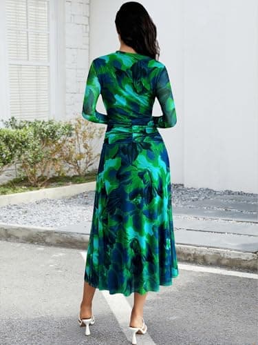 ECOWISH Long Sleeve Midi Formal Dress Women Fall Ruched Bodycon Party Cocktail Club Mesh Dresses Crewneck Floral Tie Dye Slit Green Floral X-Large - Thumbnail 3