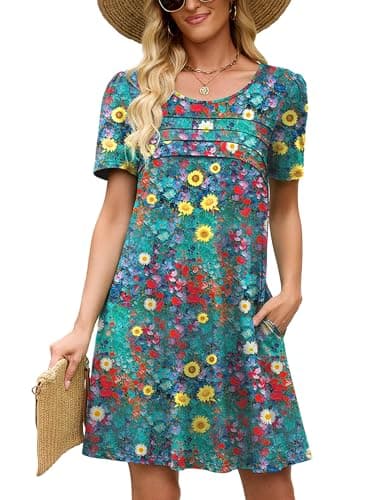 Heymoments Women's Short Sleeve Dress Floral Print Small Round Neck Casual Flowy Midi Sundress Comfy Tshirt Ladies Teachers Summer Beach Swing 2026 Novelty Dresses with Pockets - Image 1
