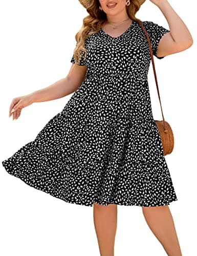 Younrui Casual Tiered Aline Plus Size Dress for Women Scoop Neck Short Sleeve Loose Fitting Flowy Midi Summer Dresses (4XL-1001-Black Floral) - Image 1
