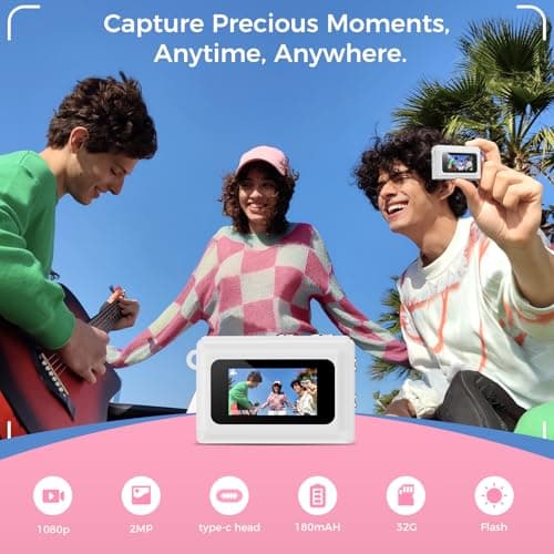 HOTU Mini Keychain Camera, Y2K Portable Mini Digital Camera, 2MP 1080P Video Recording Small Camera with 32GB Card for Kids, Long Battery Life for Travel, Vlog, White - Thumbnail 2