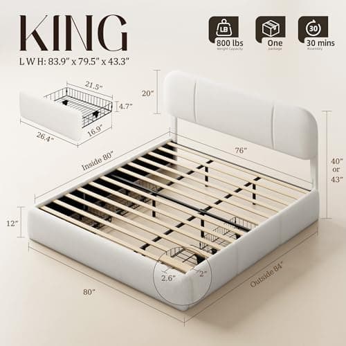 Uteeran King Size Bed Frame with Storage, Boucle Cloud Bed with 4 Locking Drawers & LED Lights, Modern Upholstered Platform Bed, Plush Sides & Footboard, Adjustable Headboard, No Box Spring, White - Thumbnail 2