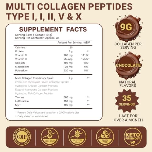 DRFOSTER Chocolate Collagen Peptides Powder for Women & Men, Multi Type I II III V X Collagen with multivitamins & Minerals for Skin, Hair & Nails & Joints, Non-GMO, 35 Servings - Thumbnail 2
