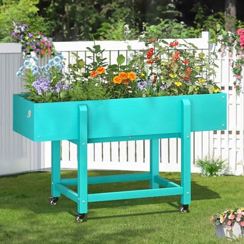 LUE BONA Raised Garden Bed with Wheels, 48 * 16.7 * 28 in, Poly Elevated Outdoor Planter Box with Tools, Weather Resistant, Standing Growing Bed Herb Planter for Vegetable, Flowers, Fruits - Image 1