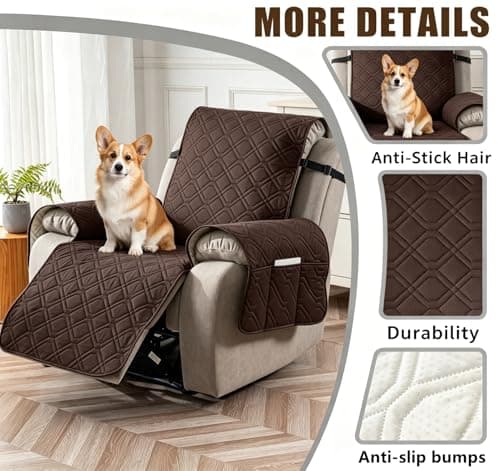 HONGPAS 100% Waterproof Recliner Chair Cover, Non-Slip Washable Recliner Slipcover with Elastic Straps & Side Pocket, Stay in Place Furniture Protector for Dogs Cats Kids(Chocolate, 23) - Thumbnail 4