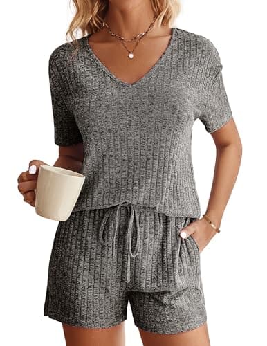 Ekouaer Womens Ribbed Knit Lounge Set Short Sleeve Top and Shorts Sleepwear Pajama Set Two Piece Shorts Outfits Set Gray - Image 1