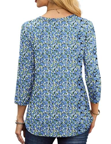 NORACORA Women's 3/4 Length Sleeve Crew Neck T-Shirt - Printed Casual Basic Tops Blue Floral - Thumbnail 4