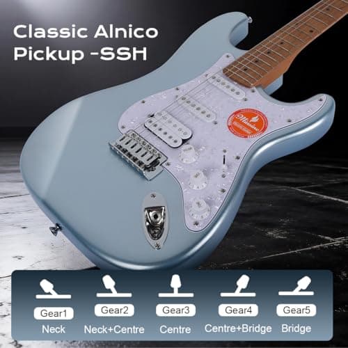 Bullstar Solid Body Electric Guitar Beginner Kit -39in Metal Electric Beginner Guitar Kits for Adults with Guitar Picks, Strap, Strings, Amp, Case, Metallic Finish, Guitarra Electrica(Blue) - Thumbnail 2