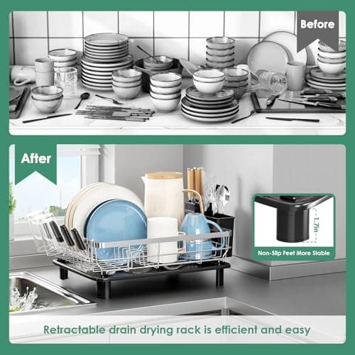 MOUKABAL Dish Drying Rack, Dish Rack, Stainless Steel Dish Racks for Kitchen Counter, Dish Drainer with Removable Utensil Holder, Drainboard (Black,Stainless Steel,13''W x 17''L) - Thumbnail 2