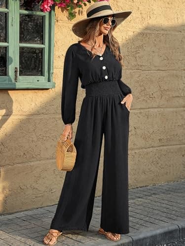 LOOKBOHO Long Sleeve Fall Jumpsuits for Women 2026 Dressy Casual One Piece Wide Leg Romper V Neck High Waist With Pockets Black Large - Thumbnail 6