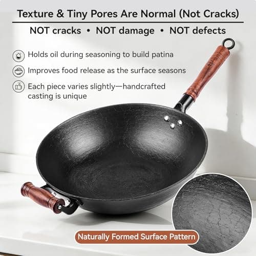 WANGYUANJI Cast Iron Wok Pan with Lid (12.6 Inch) - Handcrafted Flat Bottom Chinese Stir Fry Skillet for Induction, Electric & Gas - Walnut Wood Handle, No Coating - Thumbnail 2