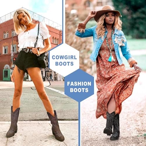 Vepose Women’s Black Cowboy Mid Calf Boots, Cowgirl Western Embroidered Chunky Low Heel 9800 Boots with Zipper, Size 9.5M US, (CJY9800 Black 09.5) - Thumbnail 2