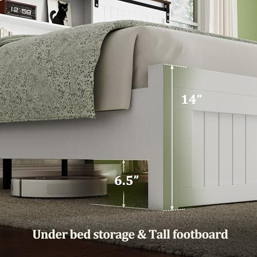 Uteeran King Size Bed Frame with Storage Headboard, Sliding Barn Door, Wood Platform Bed with Reading Light and Charging Station, Wood Slats Support, Easy Assembly, Noise-Free, Antique White - Thumbnail 5