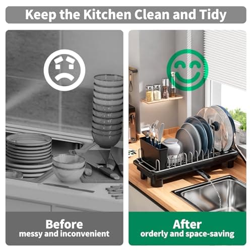 SanDream Small Dish Drying Rack with Removable Utensil Holder & Anti-Scratch Base - Stainless Steel Dish Rack, Dish Drying Rack with Drainage & Space Saving Design for Kitchen Counter, Black - Thumbnail 6