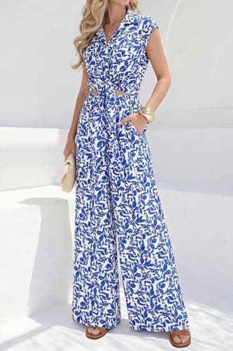 PRETTYGARDEN 2 Piece Sets For Women Summer Striped Button Down Tie Front Crop Tops Wide Leg Pants Floral Lounge Set 2026(Floral Blue,X-Large) - Thumbnail 3