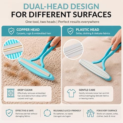 YOUDIWADI 2 Pack Set Pet Hair Removal Tool – Dual-Head Copper & Plastic Scraper for Carpet, Furniture & Car, Reusable Lint Remover for Embedded Dog & Cat Hair - Thumbnail 3