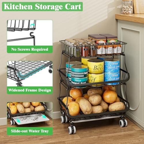 MJIMKE 3-Tier Rolling Cart with Wheels - Stackable Wire Baskets for Pantry Organization and Kitchen Storage, Floor & Countertop Fruit Organizers Vegetable Rack for Coffee Snack Onion Potato, Metal - Thumbnail 3