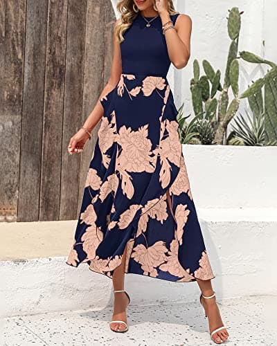 BTFBM Women Casual Sleeveless Summer Dresses 2025 Spring Crewneck Patchwork Boho Floral Ruffle Cocktail Party Midi Dress(Pink Floral Navy, X-Large) - Thumbnail 2