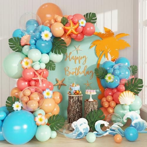 Tropical Balloon Arch Kit, 134Pcs Orange Blue Red Green Clear Balloons with Artificial Palm Leaves for Hawaiian Luau Aloha Theme Baby Shower Birthday Party Decorations - Image 1