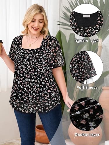 Amrto Plus Size Tops for Curvy Women, Womens Plus Size Tops Chiffon Square Neck Short Sleeve Flowy Casual Shirt Curvy Loose Fit Tunic Blouses Dressy Fashion 2025 Summer Blouses, Floral Black, XXXL - Thumbnail 5