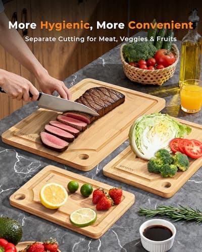 Bamboo Cutting Board for Kitchen, Knife-Friendly Wooden Cutting Boards Set 3-Piece with Juice Groove, Durable Chopping Boards for Meat, Vegetables, Fruits, Cheese(Natural) - Thumbnail 2