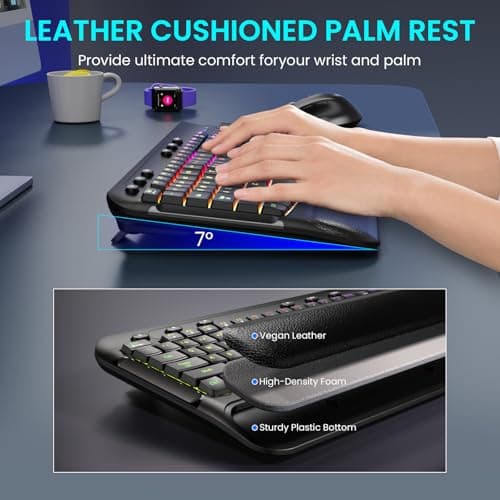 COLIKES Wireless Keyboard and Mouse Combo, Ergonomic Wave, 9 RGB Backlit Effects, Leather Wrist Rest, Rechargeable 2.4G Silent Set for Computer/Windows/Mac, Black - Thumbnail 3