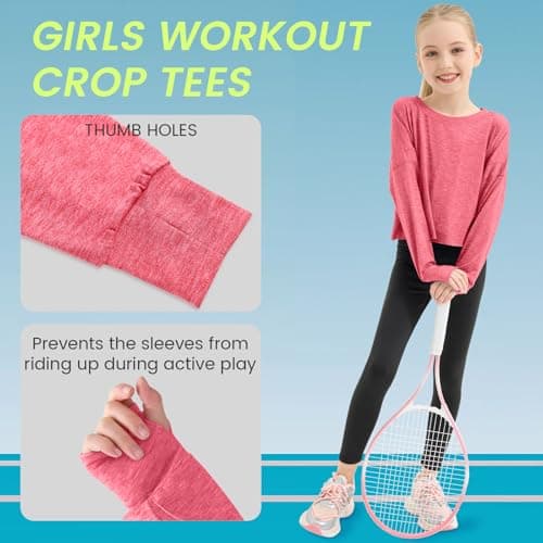 Gogokids Girls Shirts Long Sleeve Athletic Shirts Open Back Tops Active Sports Tshirts Yoga Workout Crop Tees, Rose, 5-6 Years - Thumbnail 2