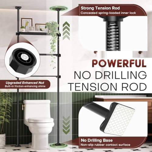 Goovilla Over The Toilet Storage Shelf, 4 Tier Bathroom Organizer Shelves with 64-124inch(H) 15-27inch(W) Adjustable No Drilling Tension Mounting, Black Space Saver Bathroom Shelf Rack Above Toilet - Thumbnail 5