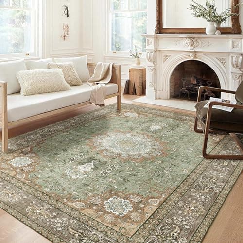 Washable Area Rugs, Bohemian Large Carpet for Living Room Bedroom,8'x 10' Green - Image 1
