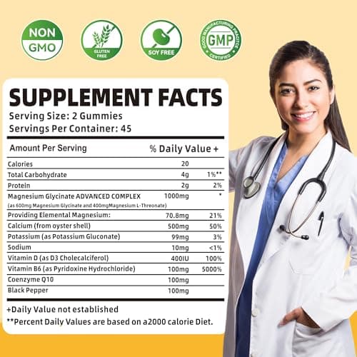 90 CT Magnesium Glycinate Gummies 1000mg - Sugar Free Magnesium Potassium Supplement with Vitamin D, B6, CoQ10 for Calm Mood & Sleep Support - 90 Mango Pineapple Gummies - Thumbnail 2