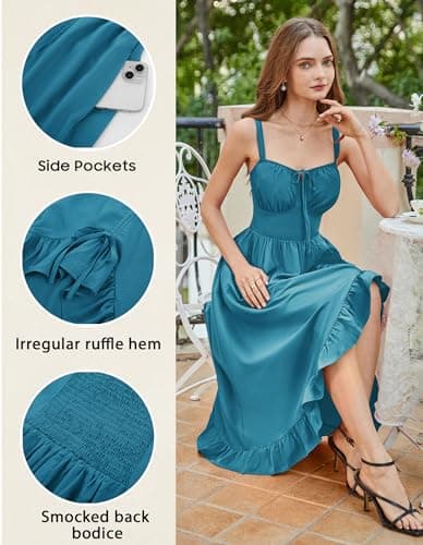 Scarlet Darkness Renaissance Dress Women Summer Corset Dress Flowy Sleeveless Milkmaid Vacation Sundress with Pockets Peacock Blue M - Thumbnail 5