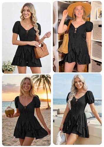 ECOWISH Women Summer Short Romper Puff Short Sleeve Tie Front V Neck Ruffle Cute Rompers Dress Outfits with Pockets Black X-Large - Thumbnail 6