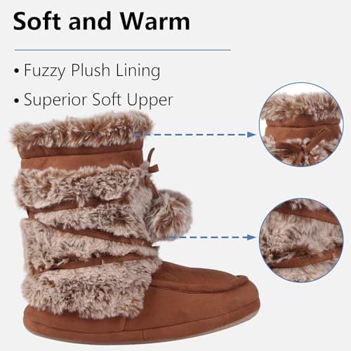 Forfoot House Slippers, Indoor Faux Fur Boots Slippers Warm Fleece Lining Moccasins Women Soft Sole Lace Pom Poms Home Shoes Size 11/12 - Thumbnail 6