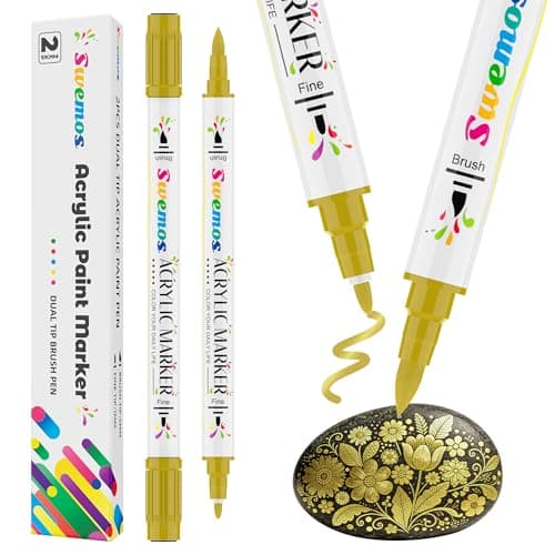 Swemos 2Pcs Gold Acrylic Paint Pens Markers, Dual Tip with Fine Tip and Brush Tip Pens Acrylic Paint Markers Waterproof Acrylic Markers Set for Rock, Canvas Stone, Wood, Glass, Metal (GOLD, 2) - Image 1