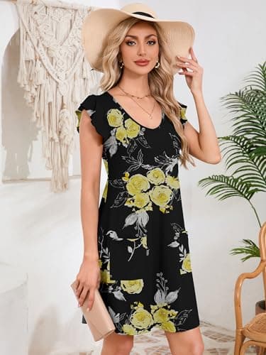 DEARCASE Womens Summer T-Shirt Dresses V Neck Elegant Classy Ruffle Sleeve A-line Tunic Dress 2026 with Pockets Floral Black Yellow Flower Branch Medium - Thumbnail 5