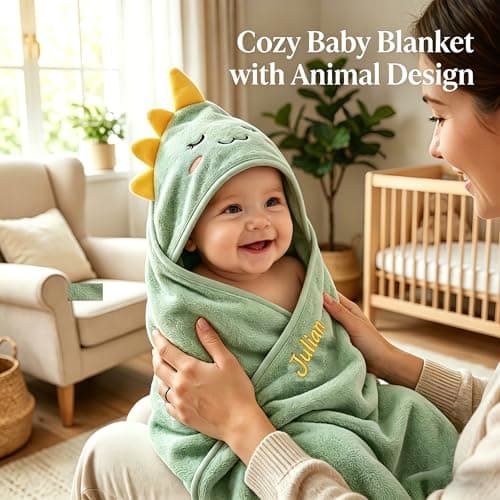 Personalized Baby Bath Towel for Newborn – Custom Animal Hooded Towel with Embroidered Name, Soft Coral Fleece Blanket for Toddlers 1-3, Highly Absorbent Bathrobe Blanket Gift for Boys & Girls - Thumbnail 2