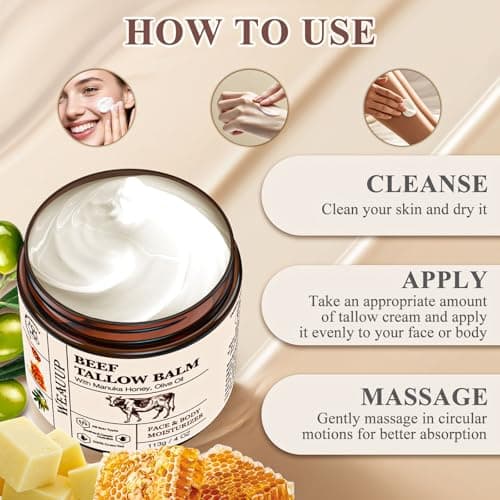WEAUUP Beef Tallow for Skin, Organic Grass Fed Whipped Beef Tallow Balm, Tallow and Honey Balm with Raw Honey and Beeswax, Nourishing Moisturizer for Face & Body Natural Skin Care for Soft - Thumbnail 6