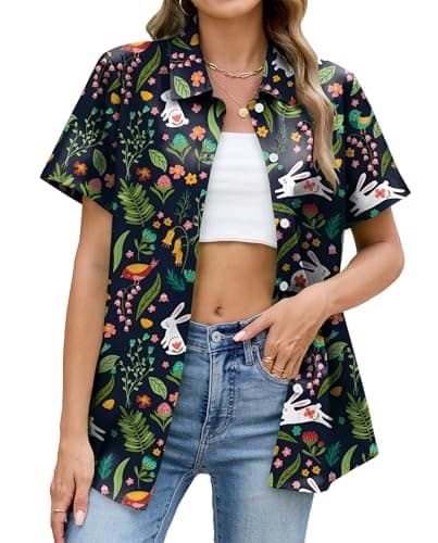 SWTJIC Womens Easter Shirt Funny Easter Hawaiian Shirts Flowers Bunny Printed Button Down Tshirt Black XL - Image 1