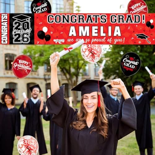 NUTTYBASH Graduation Party Decorations, Red Personalized Class of 2026 Graduation Banner with 78 Alphabet Stickers and Balloons, Congrats Banner for College High School Party Supplies - Thumbnail 3