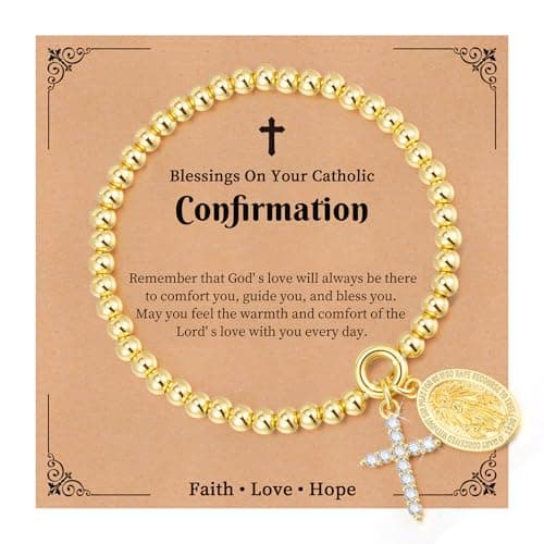 14K Gold Plated Bead Cross Bracelet, Virgin Mary Cross Bracelet for Women, Dainty Stretch Bead Bracelet, Religious Jewelry for Catholic Baptism Confirmation Easter Gifts (Catholic Confirmation-Gold) - Image 1