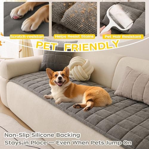 WUJUWUSHU Couch Covers for Dogs, Non-Slip Washable Sofa Covers for 3 Cushion Couch, Soft Comfortable Pet-Friendly Furniture Protector for High Traffic Living Rooms (Gray, 27.6''x82.7'') - Thumbnail 3