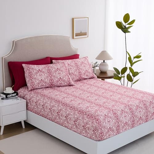 Spirit Linen home Queen Size Bed Sheets Set Deep Pockets - 6PC Paisley Ultra Soft Microfiber Bed Sheets - Easy to Clean, 90 Thread Count Sheets Includes 1 Fitted, 1 Flat, 2 Pillowcases (Burgundy) - Image 1
