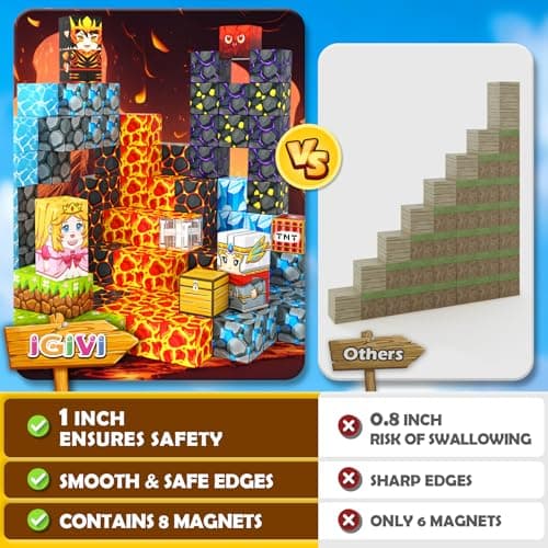 IGIVI Magnetic Blocks - Build Mine Magnet World Lava Valley Set, 1" Magnetic Cube Building Toys for Kids Ages 3+, Montessori Sensory Toys for Toddlers, Creative Game Themed Toy Gifts for Boys & Girls - Thumbnail 2