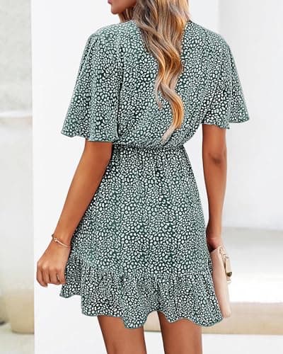 KIRUNDO Womens Summer Dresses 2026 Casual Spring Short Sleeve V Neck Ruffle Floral Print High Waist Belted Flowy Mini Dress(Dark Green, Large) - Thumbnail 2