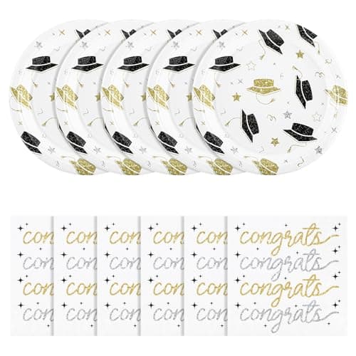 NatNarr 2026 Graduation Plates and Napkins, 50 Pcs Black and Gold Graduation Decorations with 7 Inch Grad Dessert Cake Plates，6.5 Inch Napkins for Class of 2026 Kindergarten Middle High College School - Image 1