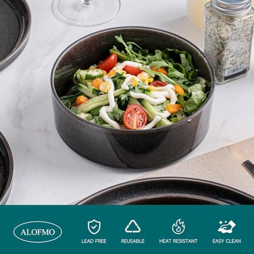 ALOFMO Stoneware Dinnerware Sets, Plates and Bowls Set for 4, 12-Piece Modern Stoneware Dinnerware – Chip Resistant, Non-Toxic, Dishwasher and Microwave Safe Tableware，Glossy Black - Thumbnail 4