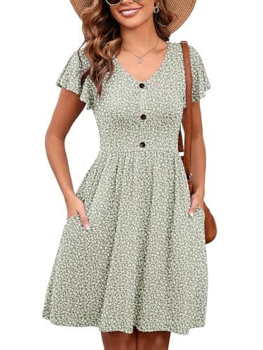 Heymoments Women Summer Dress Spots Small Ruffle Sleeve V Neck Casual Cute Loose Sundress Comfy Swing Button Down Midi Work Flowy Tunic Ladies Beach Vacation Teacher Dresses - Image 1