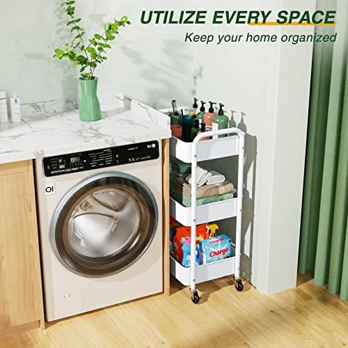LEHOM 3 Tier Rolling Storage Cart, Metal Trolley Utility Cart with Wheels & Hooks, Easy Assembly Organizer Storage Cart for Bathroom Kitchen Office Bedroom - Thumbnail 6